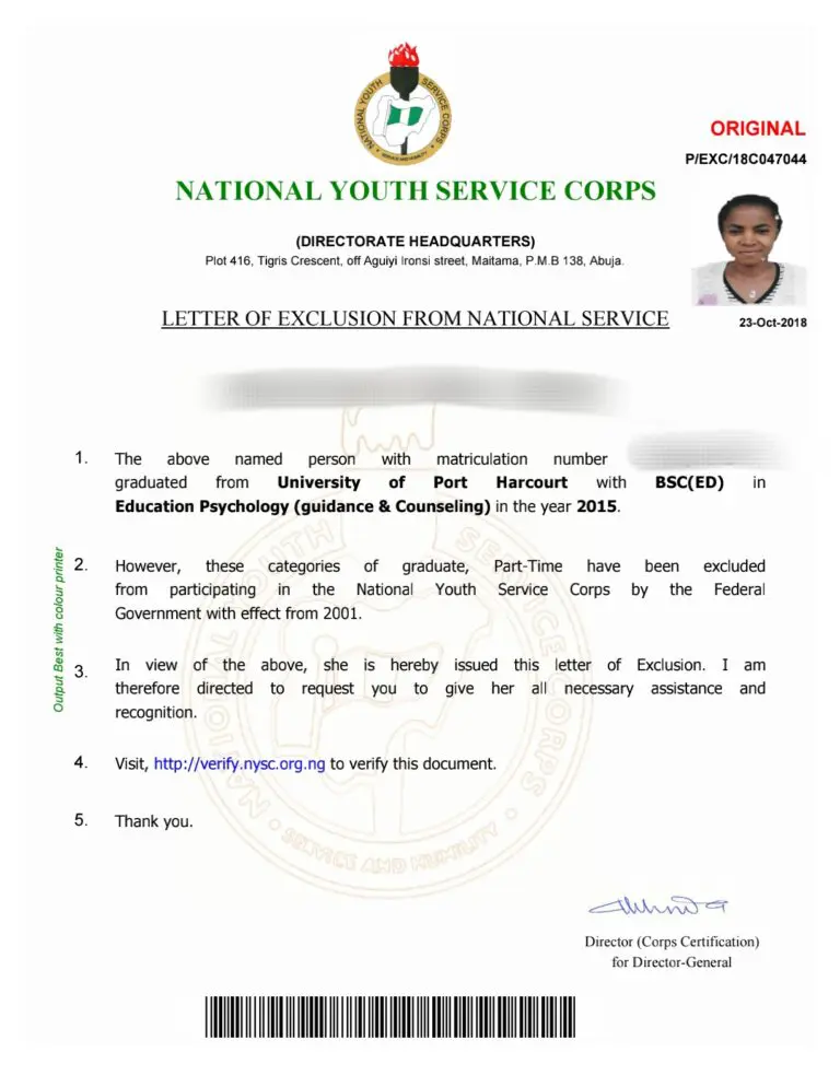 NYSC Exemption Letter